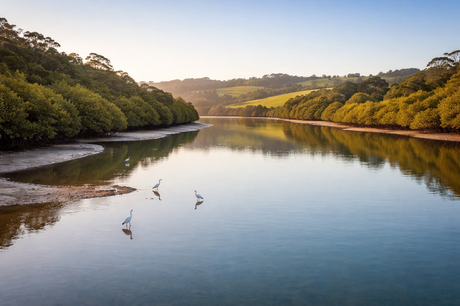 Pristine NZ tidal estuary at golden hour with herons standing in calm water
