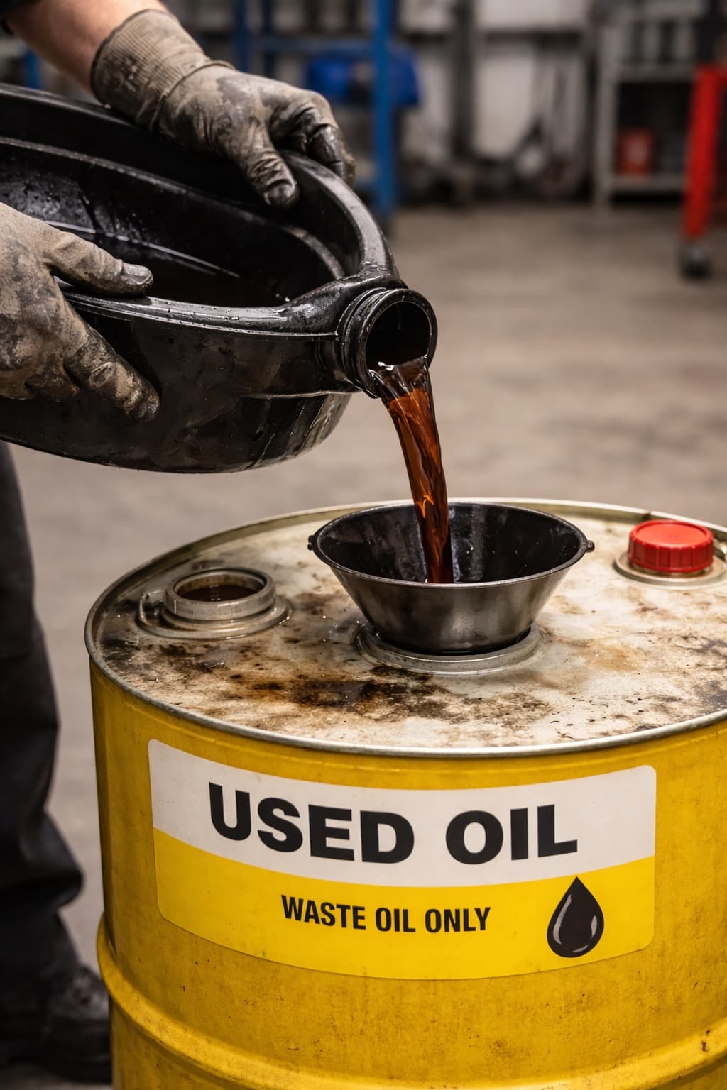 Used oil being poured from a workshop container into a sealed collection drum